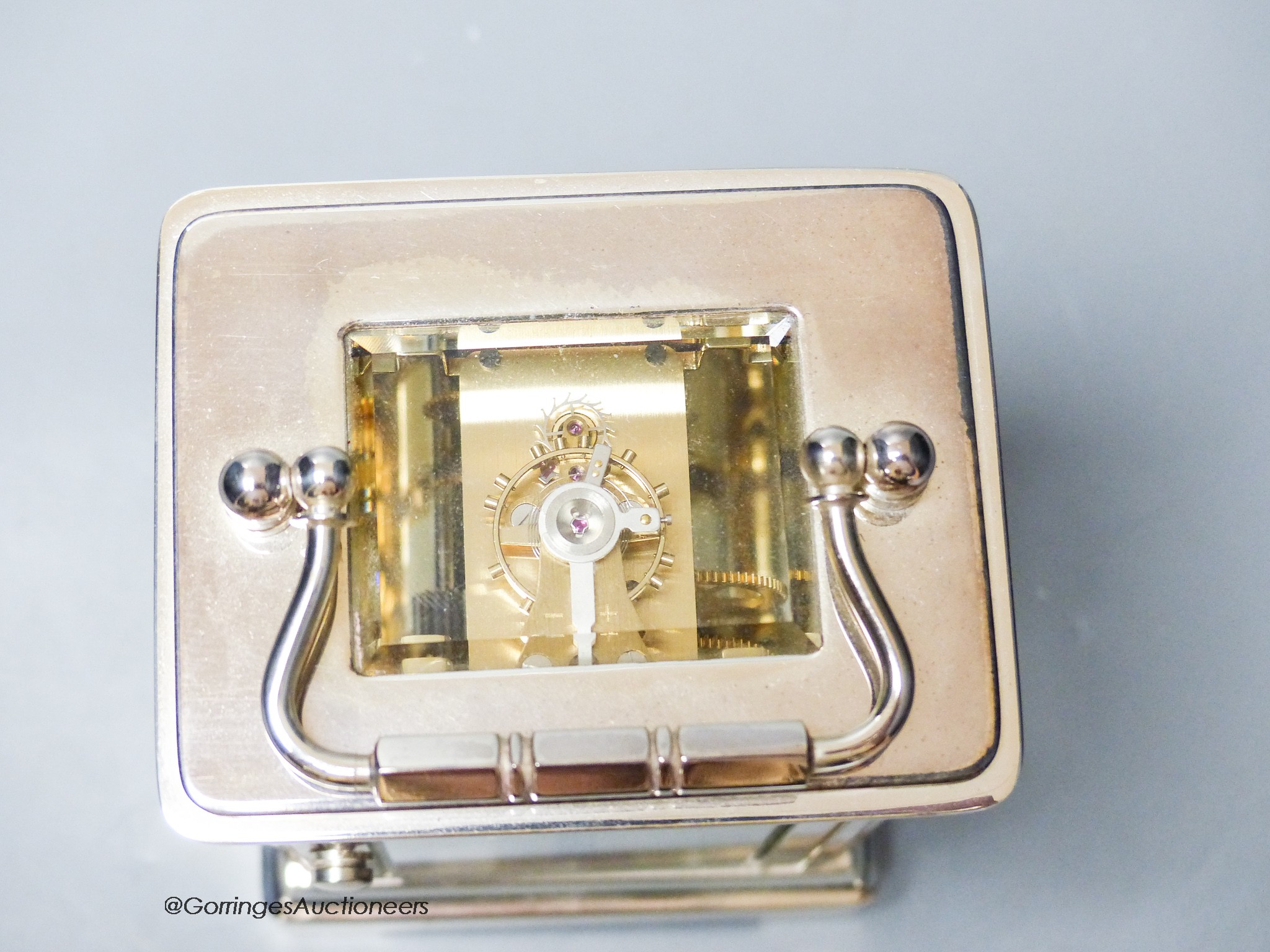 A Whitehill silvered brass four glass carriage timepiece, height 12cm